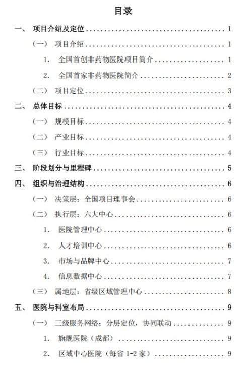 全国首创非药物医院项目实施计划